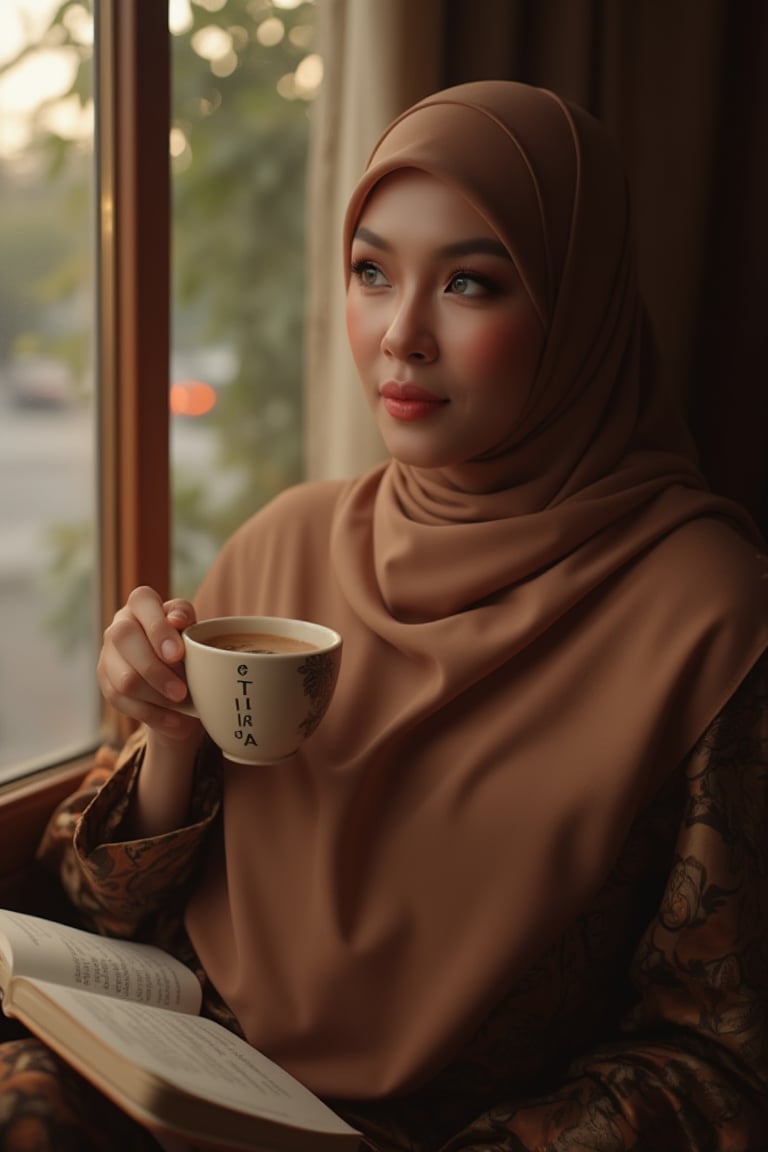 A Malay woman with an amazing face and an awesome touch of make-up is sitting drinking hot coffee that is still smoky and says "TEJAA" in the cup while reading in a corner by the window of a quiet and peaceful wooden cafe, natural color contacts lens, silk hijab. Cinematic framing, dramatic chiaroscuro. Golden hour backlighting, soft focus. Intricate hijab folds, serene expression, glossy lips. Billowing fabric, scattered flower petals. Muted earth tones, warm amber glow. Hyperrealistic detail, 8K resolution. Captured on digital medium format, shallow depth of field, lens flare. Evocative of timeless elegance and cultural richness