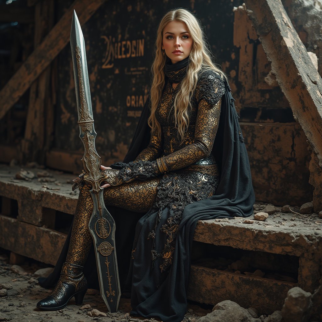 A lady warrior with dewy skin and a fabulous touch of makeup, wearing a Middle Eastern intricately decorated chainmail armour suit, is captured in a dynamic pose with unique intricate holding a massive sword with titanium and gold, sitting manly in some abandoned junk ship, a broken dark building of a pirate ship, a big broken board with the text big written "LOVEDALIN" (((correctly spelled)) in bold and 3D embossed font, low key style, analogue colours concept, A masterpiece, dark fantasy concept art, with dynamic lighting, hyperdetailed, intricately detailed, deep colour, volumetric lighting, HANSWORD23,
