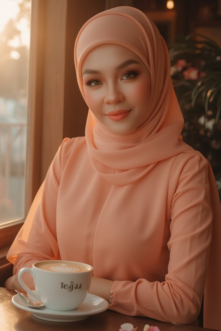 Here's a high-quality, coherent, stable diffusion prompt based on your input: A stunning Malay woman sits poised in a charming wooden cafe during golden hour. Soft, warm light dances across her striking features and immaculate makeup, with dramatic backlighting adding depth. Her delicate chiffon hijab flows elegantly, As she reads by the window, scattered flower petals create a whimsical ambiance. The brand of cup TEJAA script on her coffee cup adds sophistication. In stunning 8K resolution, every intricate fold of her hijab and petal is meticulously rendered. Shallow depth of field and lens flare guide the viewer's gaze to her captivating beauty, beautifully framed by the rustic charm of the wooden cafe.