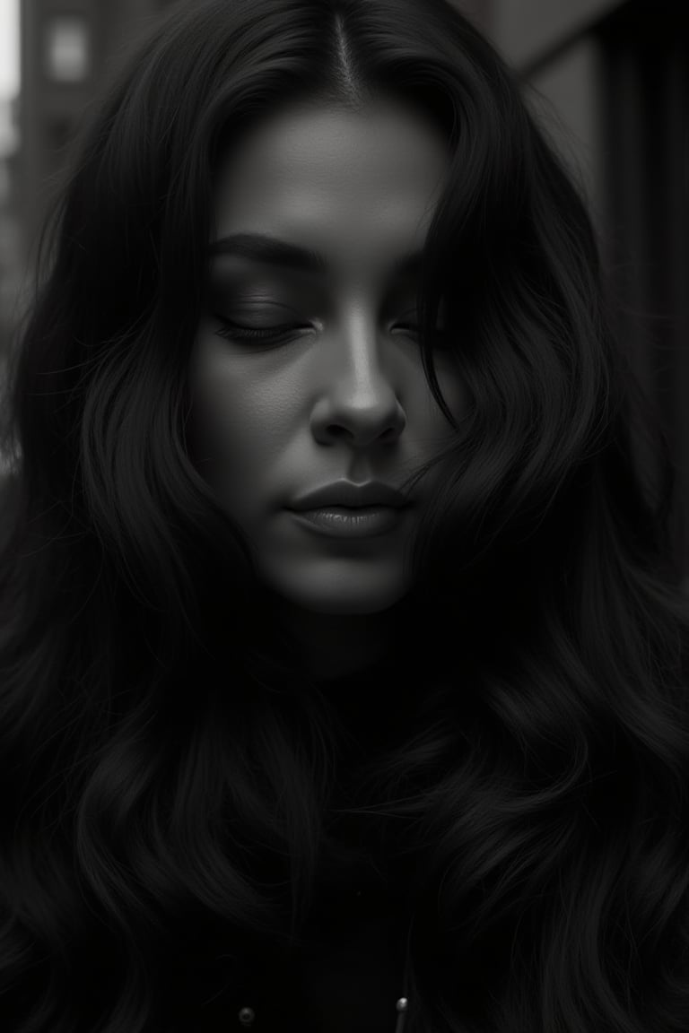 A woman's face, shrouded in mystery, as long cascading hair waves around her half-concealed visage. Eyes closed, expression serene, she embodies peace in a darkened New York City back alley. The contrasting black and white tones accentuate the radiance of her tresses, drawing focus to her enigmatic countenance.