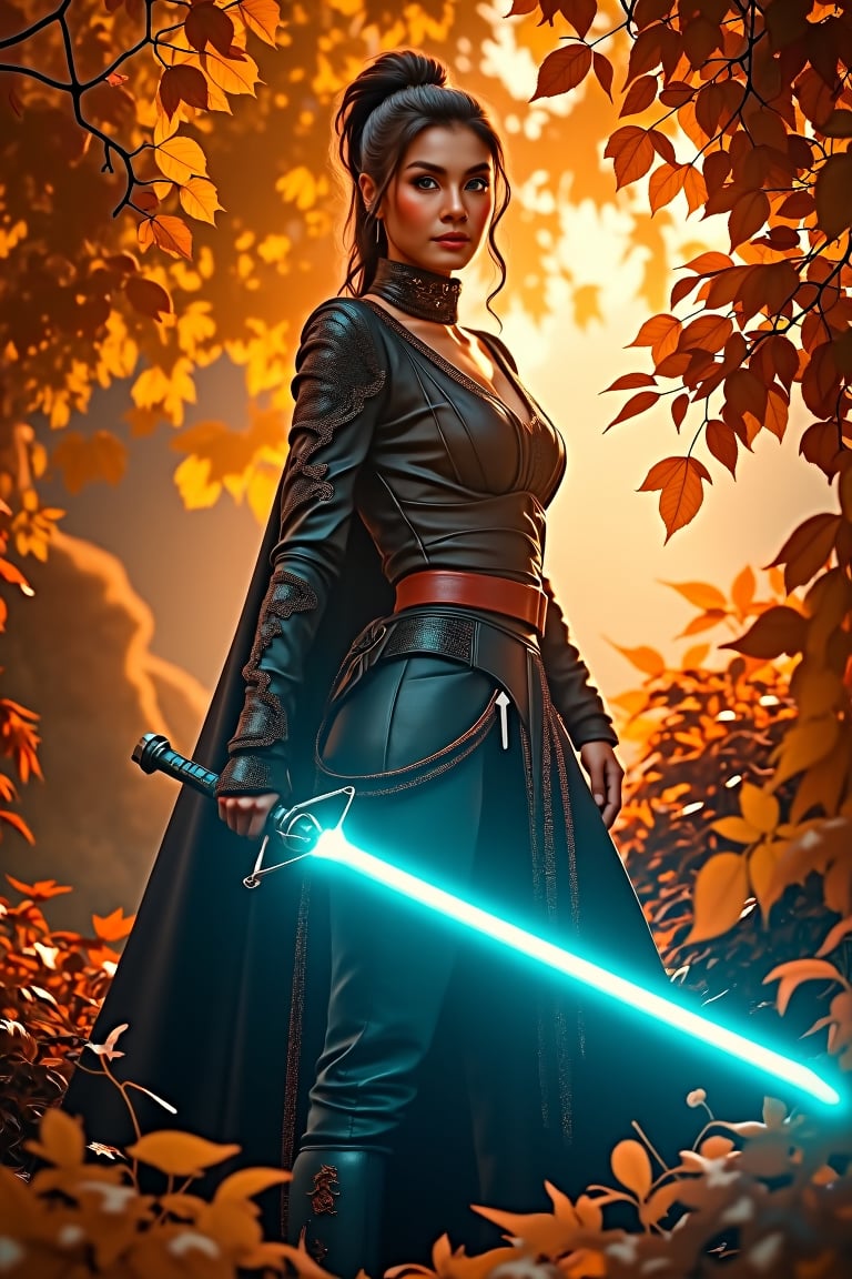 A regal warrior stands at center frame, poised like a predator amidst swirling autumn leaves in a vortex-like motion. Neon cyan lightsaber hums with malevolent intensity, casting an eerie glow that seeps into dominant shadows consuming 70% of the composition. Her chiseled physique is accentuated by professional lighting, drawing attention to the blade's ominous menace as she stands firm against a fiery orange and golden backdrop, her determined gaze piercing through the turbulent foliage.