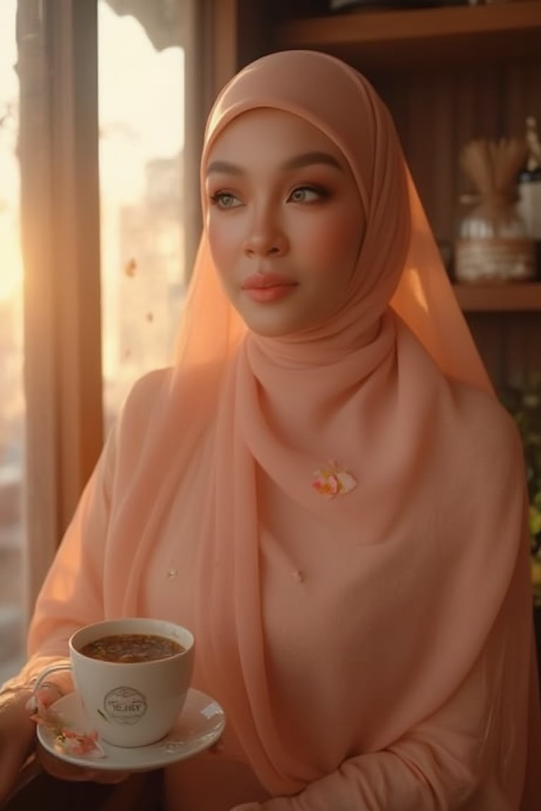 Here's a high-quality, coherent, stable diffusion prompt based on your input: A stunning Malay woman sits poised in a charming wooden cafe during golden hour. Soft, warm light dances across her striking features and immaculate makeup, with dramatic backlighting adding depth. Her delicate chiffon hijab flows elegantly, complemented by natural-colored contact lenses. As she reads by the window, scattered flower petals create a whimsical ambiance. The TEJAA script on her coffee cup adds sophistication. In stunning 8K resolution, every intricate fold of her hijab and petal is meticulously rendered. Shallow depth of field and lens flare guide the viewer's gaze to her captivating beauty, beautifully framed by the rustic charm of the wooden cafe.