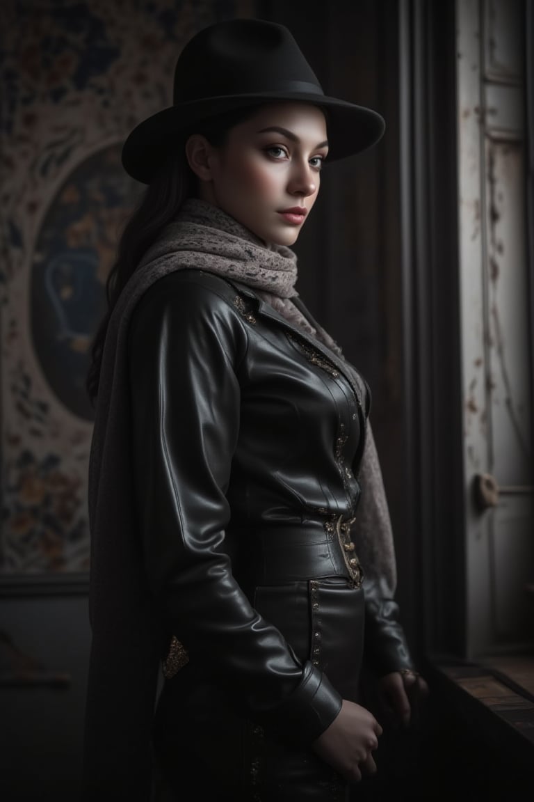 A sultry evening unfolds as a ravishing woman stands defiantly against a weathered, vintage- inspired backdrop shrouded in captivating shadows. Her expressive features tell a tale of mystery beneath the stylish hat and flowing scarf, adding sophistication to the moody scene. Soft focus and high contrast evoke rich texture, black and white theme adding an air of nostalgia.