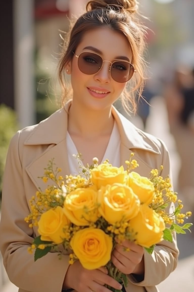 Candid moment on a sun-kissed sidewalk: a radiant woman in a trench coat and crisp white shirt holds a vibrant bouquet of yellow flowers, her brown sunglasses tucked behind a messy bun hairstyle. Natural light dances across her features as she's lost in thought, the blurred background and bokeh effect creating a sense of intimacy. Soft lighting accentuates her bright smile, while super detailed textures bring the scene to life.