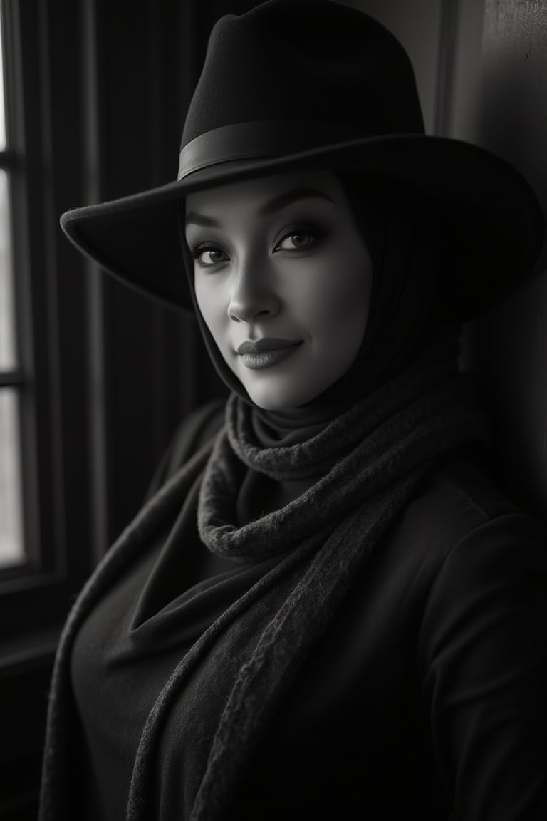 Here's a prompt for an SD model:

Create a moody Noir Photography-inspired image featuring a stunning lady posing against a vintage-inspired backdrop, bathed in captivating shadows. She wears a fashionable scarf and stylish hat, adding elegance to the dramatic scene. Use soft focus and high contrast to create rich texture, with bold embossed font TEJAA in black and white theme. Capture her expressive facial features telling a story as she stands out against the dark background, drawing the viewer in. Achieve an ultra-detailed 4K cinematic quality image that exudes realism.