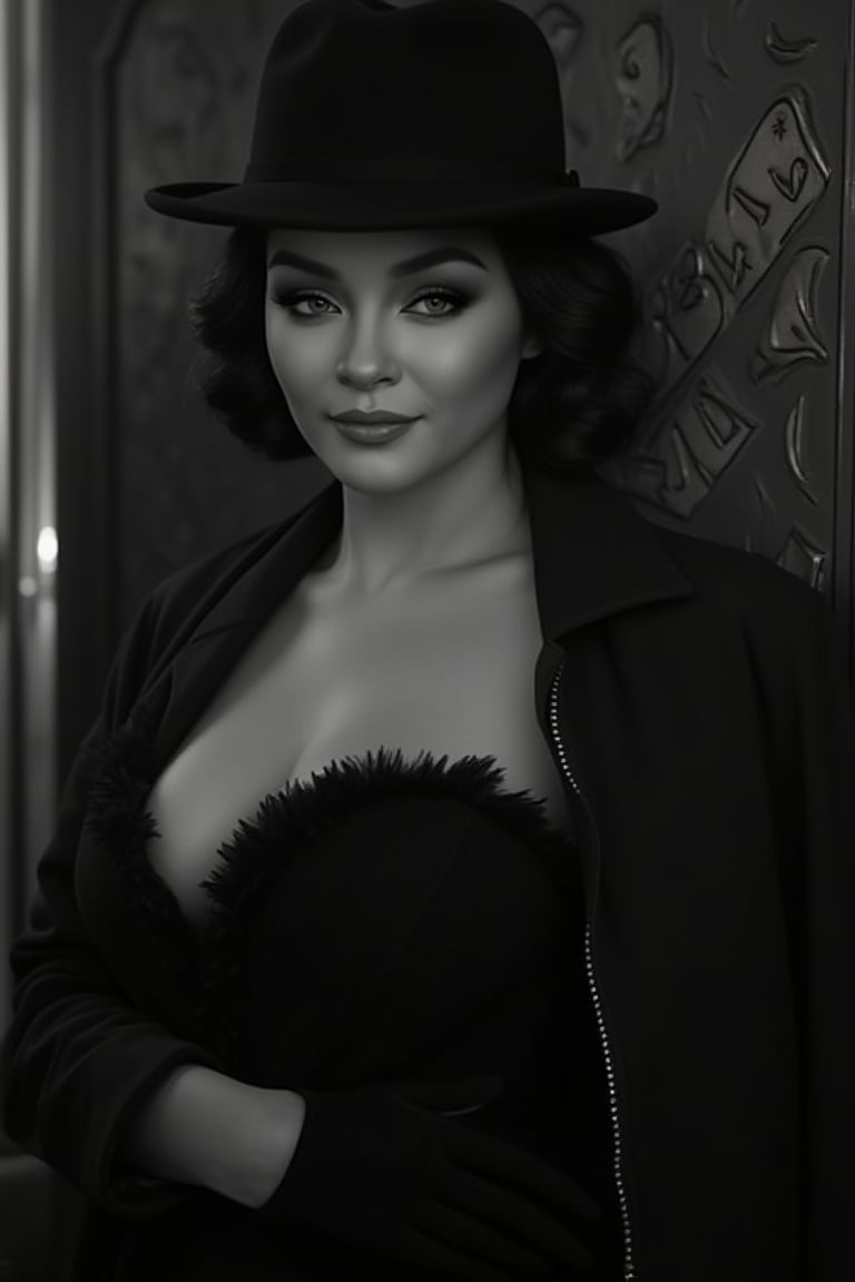 In a sultry Noir Photography setup, a ravishing lady poses with poise, her coiffed hair and fedora adding a touch of sophistication to the dramatic tableau. Soft focus and high contrast create a sumptuous texture, while the embossed font TEJAA adds a striking statement in the black and white theme. Her enigmatic facial features seem to convey a story as she stands out against the vintage-inspired backdrop, bathed in captivating shadows that draw the viewer in.