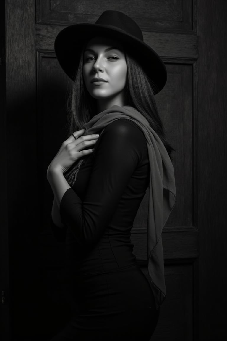 A sultry evening unfolds as a ravishing woman poses against a weathered, vintage-inspired backdrop, shrouded in captivating shadows. A stylish hat and flowing scarf adorn her, adding sophistication to the moody scene. Her expressive features tell a tale of mystery, as she stands defiantly against the darkened background. Soft focus and high contrast evoke rich texture, black and white theme adds an air of nostalgia. In stunning 4K detail, every curve and crease seems to whisper secrets, drawing the viewer into her world.