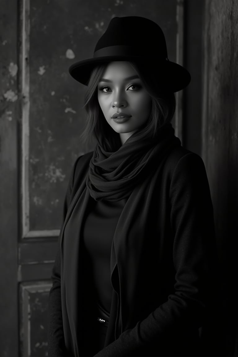 A sultry evening atmosphere prevails as a ravishing woman stands confidently against a worn, vintage-inspired backdrop shrouded in captivating shadows, with the stylish hat and flowing scarf adding sophistication to the moody scene. Her expressive features convey mystery beneath the soft focus and high contrast lighting, evoking rich texture and a nostalgic black and white theme.