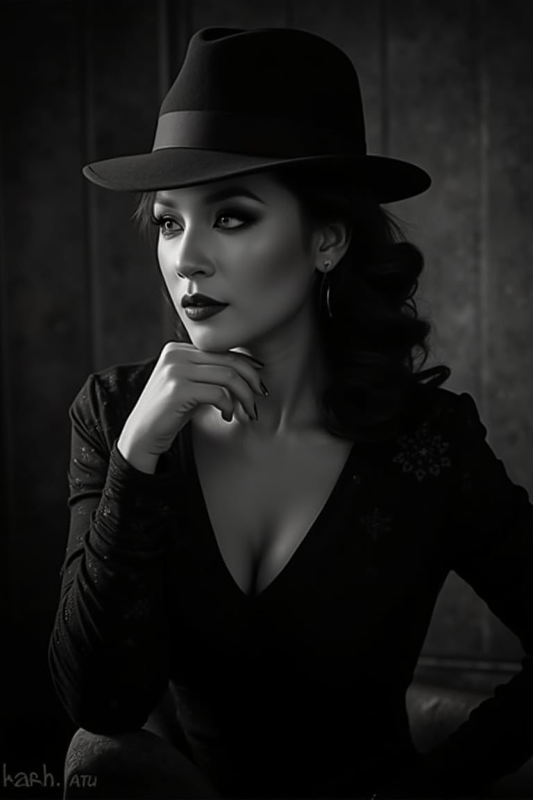 In a sultry Noir Photography setup, a ravishing lady poses with poise, her coiffed hair and fedora adding a touch of sophistication to the dramatic tableau. Soft focus and high contrast create a sumptuous texture, while the embossed font TEJAA adds a striking statement in the black and white theme. Her enigmatic facial features seem to convey a story as she stands out against the vintage-issued backdrop, bathed in captivating shadows that draw the viewer in.