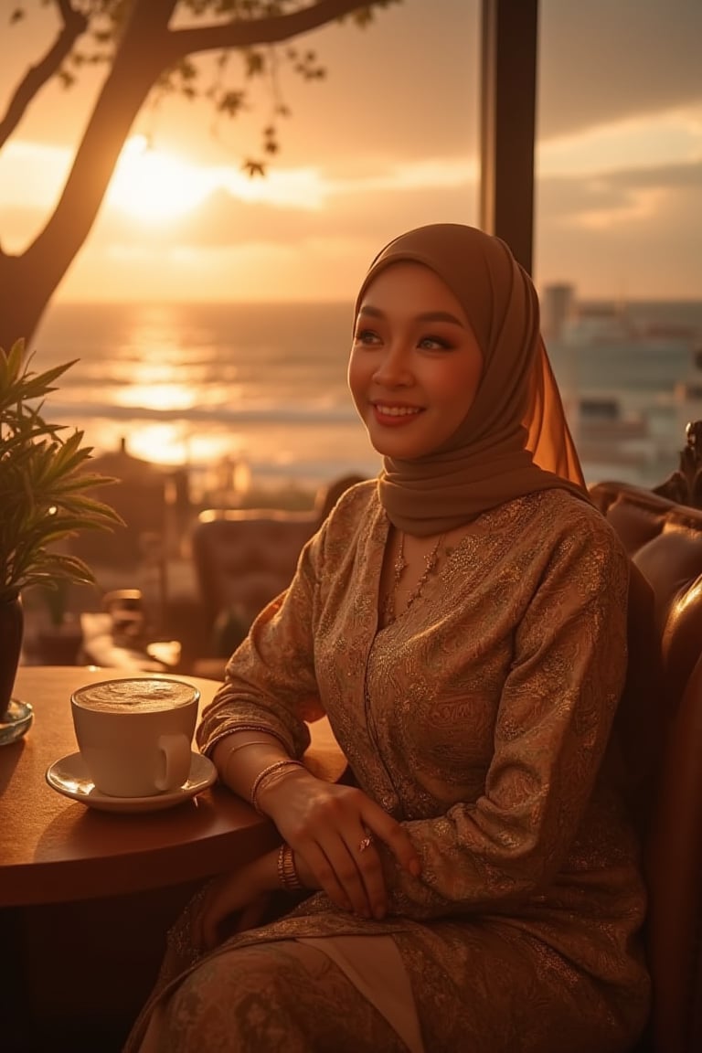 A Malay beauty, exuding refinement, settles into a plush coffee cafe, enveloped by soft golden light that accentuates her intricately knit outfit. As she savors her coffee, a serene smile spreads across her face, drawn to the stunning sunset unfolding outside - warm hues dancing across the waves like a kinetic tapestry. The opulent setting, marrying traditional charm with modern flair, captures the essence of contemporary Malay femininity in an urban oasis.