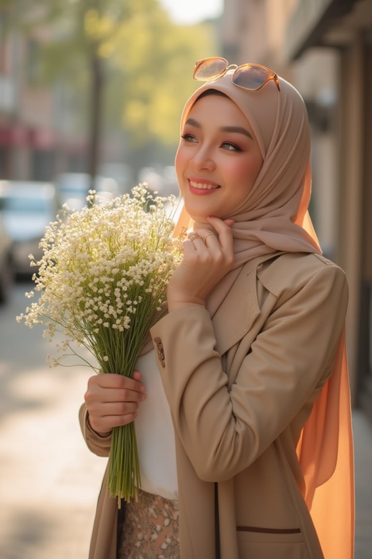 A sun-drenched sidewalk moment: A radiant woman in hijab, trench coat, and crisp white shirt tenderly holds and kisses a vibrant bouquet of baby breath flowers, her brown sunglasses nestled on her head. Natural light dances across her features as she's lost in thought, the blurred background and bokeh effect crafting an intimate atmosphere. Soft lighting highlights her bright smile, while detailed textures render the scene with photorealism.