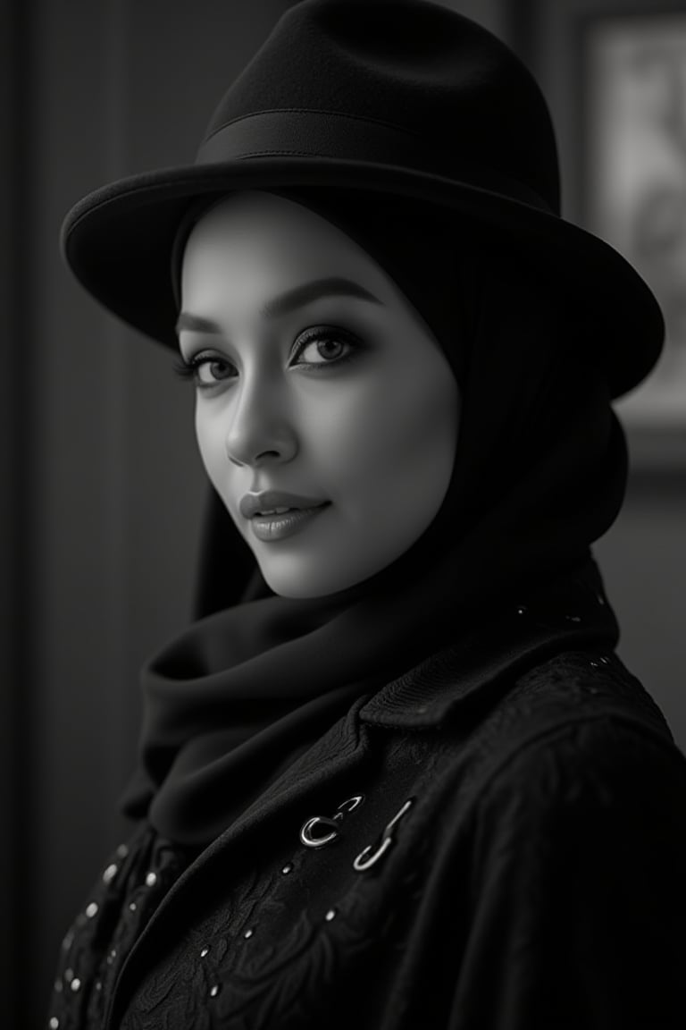 In a moody Noir Photography setting, a stunning lady strikes a pose, her fashionable scarf and stylish hat adding a touch of elegance to the dramatic scene. Soft focus and high contrast create a rich texture, while the embossed font TEJAA adds a bold statement in the black and white theme. Her expressive facial features seem to tell a story as she stands out against the vintage-inspired backdrop, bathed in captivating shadows that draw the viewer in. The ultra-detailed (4K) image exudes cinematic quality, making it a true masterpiece of realism.