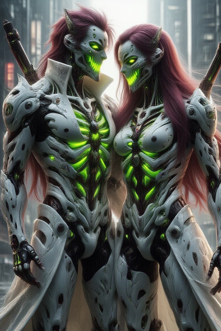 A pair couple of concept cyborg figures, each with long burgundy hair , neon green glowing inner intricate, stand together in a futuristic, neon-lit cityscape. Both wear white high-tech, armored suits and long, ceramic medieval coats, blending ancient and modern elements. The couple holds futuristic weapons, their postures close and playful. The scene is framed with a medium shot, capturing the figures in the center, with neon lights and towering skyscrapers creating a contrast between old and new. The lighting is dynamic and vibrant, highlighting the intricate details of their armored suits and ceramic coats.