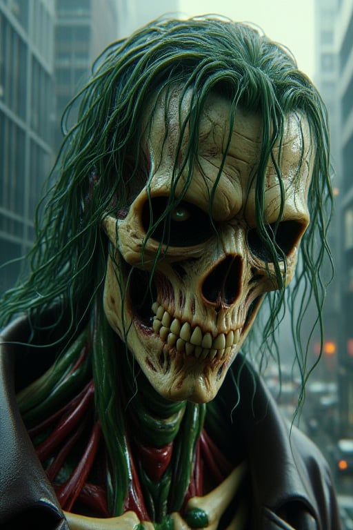 carnibalism JOKER, green painting splattered haired, intricate Sharp focus, skeleton evangelion dark green hyper ceramics technology mediaeval cloak, neon green muscles and veins inner intricate render, carnibalism green ink render, dynamic pose ruins city forest background, green muscles and crimson veins inner intricate.