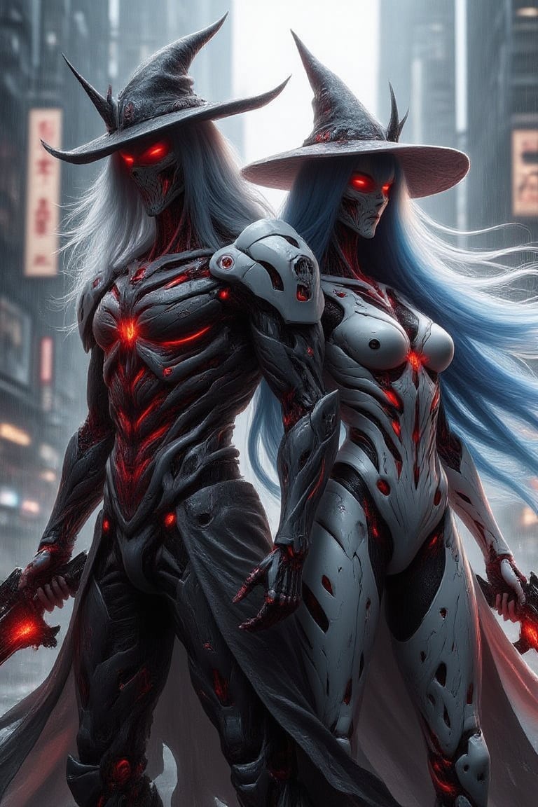 A pair couple of male and female concept witch  figures, wearing witch hat, long big horns, each with long blue ombre haired , red flame glowing inner intricate, stand together in a futuristic, neon-lit cityscape. Both wear black matte coloured high-tech, armored suits and long, ceramic white medieval coats, blending ancient and modern elements. The couple holds futuristic weapons, their postures close and playful. The scene is framed with a medium shot, capturing the figures in the center, with neon lights and towering skyscrapers creating a contrast between old and new. The lighting is dynamic and vibrant, highlighting the intricate details of their armored suits and ceramic coats.