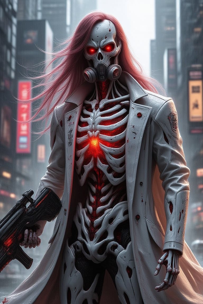 A concept skeleton figure with long burgundy hair, wearing a high-tech, armored suit and a long, ceramic medieval coat, stands in a futuristic, neon-lit cityscape. The gas mask covers its face, blending ancient and modern elements. The skeleton holds a futuristic weapon, its posture tense and ready. The scene is framed with a medium shot, capturing the figure in the center, with neon lights and towering skyscrapers creating a contrast between old and new. The lighting is dynamic and vibrant, highlighting the intricate details of the armored suit and the ceramic coat.