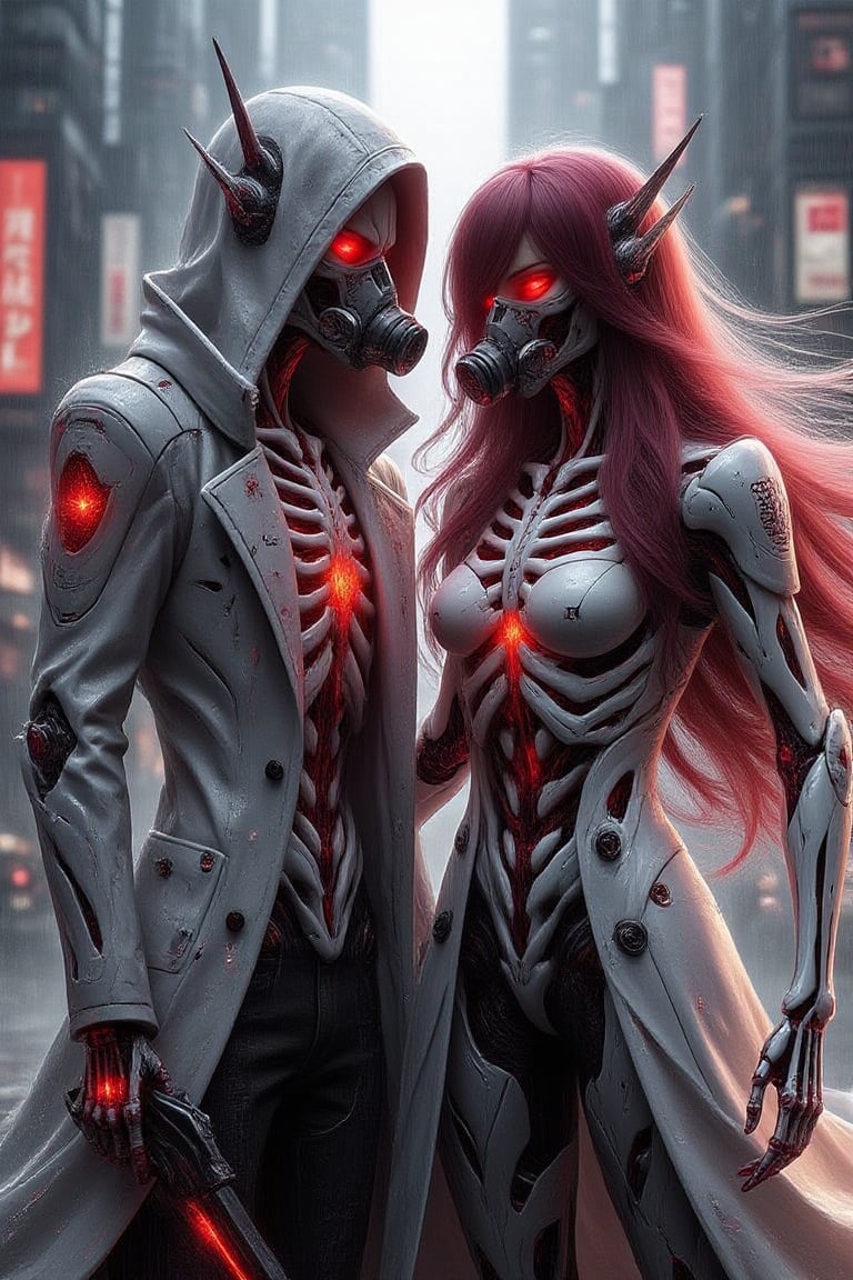 A pair of concept skeleton figures, each with long burgundy hair and gas masks, stand together in a futuristic, neon-lit cityscape. Both wear high-tech, armored suits and long, ceramic medieval coats, blending ancient and modern elements. The couple holds futuristic weapons, their postures close and protective. The scene is framed with a medium shot, capturing the figures in the center, with neon lights and towering skyscrapers creating a contrast between old and new. The lighting is dynamic and vibrant, highlighting the intricate details of their armored suits and ceramic coats.