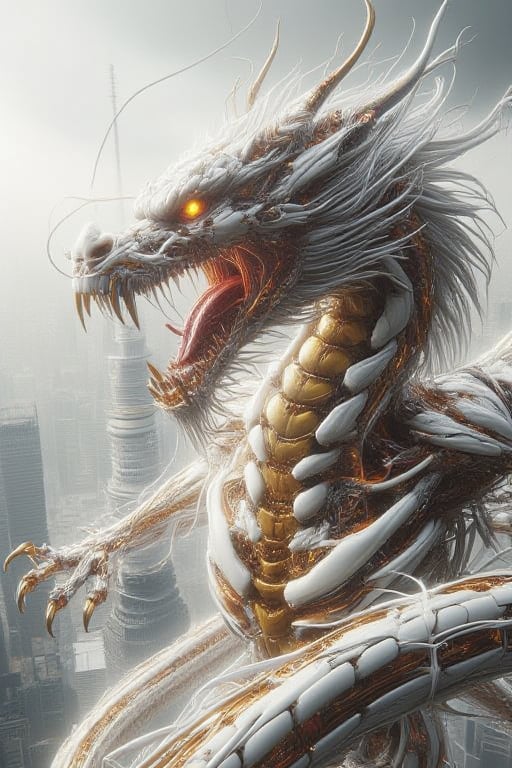 A white metalic mechanical shenlong dragon. 