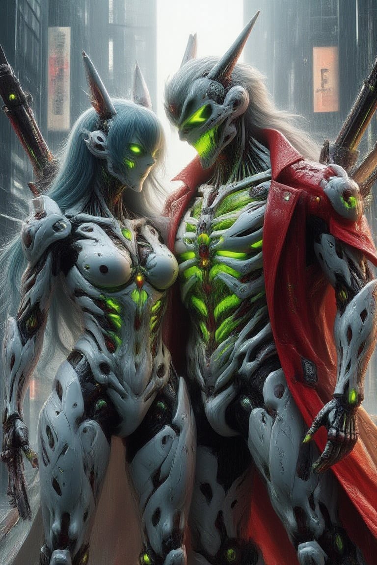 A pair couple of male and female concept cyborg figures, each with long blue ombre haired , neon green glowing inner intricate, stand together in a futuristic, neon-lit cityscape. Both wear white high-tech, armored suits and long, ceramic red medieval coats, blending ancient and modern elements. The couple holds futuristic weapons, their postures close and playful. The scene is framed with a medium shot, capturing the figures in the center, with neon lights and towering skyscrapers creating a contrast between old and new. The lighting is dynamic and vibrant, highlighting the intricate details of their armored suits and ceramic coats.