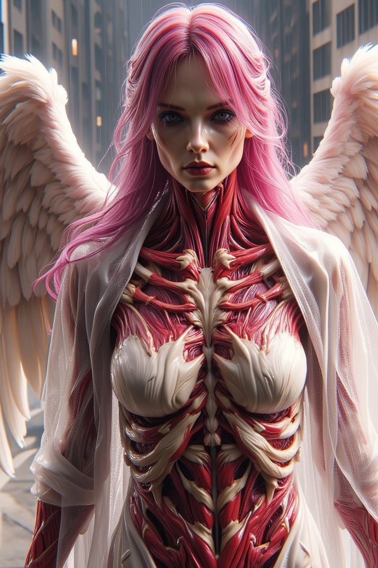 a beautiful angel goddess,  winged, pinky ombre haired wearing a white silk, red armoured, inspired by JengLord