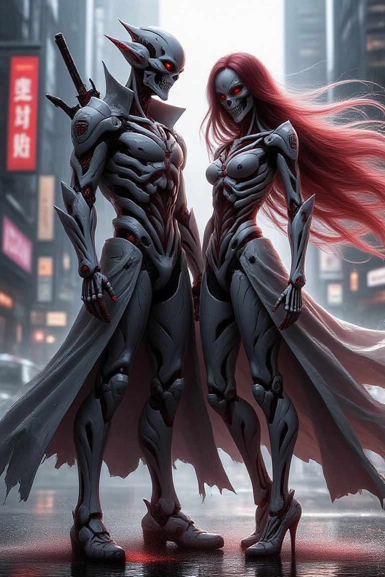 A pair of concept skeleton figures, each with long burgundy hair and joker masks, stand together in a futuristic, neon-lit cityscape. Both wear high-tech, armored suits and long, ceramic medieval coats, blending ancient and modern elements. The couple holds futuristic weapons, their postures close and playful. The scene is framed with a medium shot, capturing the figures in the center, with neon lights and towering skyscrapers creating a contrast between old and new. The lighting is dynamic and vibrant, highlighting the intricate details of their armored suits and ceramic coats.