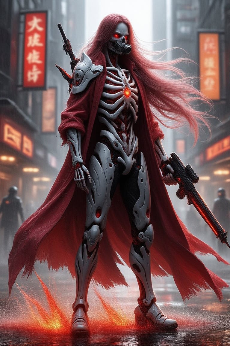 A concept skeleton figure with long burgundy hair, wearing a high-tech, armored suit and a long, ceramic medieval coat, stands in a vibrant, flaming Scape street background. The gas mask covers its face, blending ancient and modern elements. The skeleton carries a saber backpack and holds a futuristic weapon, its posture tense and ready. The scene is framed with a wide shot, capturing the figure in the center, with the fiery street and towering neon signs creating a dynamic, chaotic atmosphere. The lighting is intense and fiery, highlighting the intricate details of the armored suit and the ceramic coat.