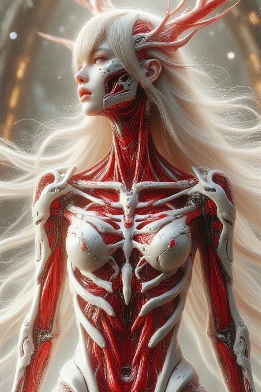  necrobiosis goddess wearing white silk, skinn less render, with a metamorphosis skin less intricate, 4d crimson metallic necrosis veins and arteries inner intricate, complex with cyber tech gearhigh tech , blurred particles light background