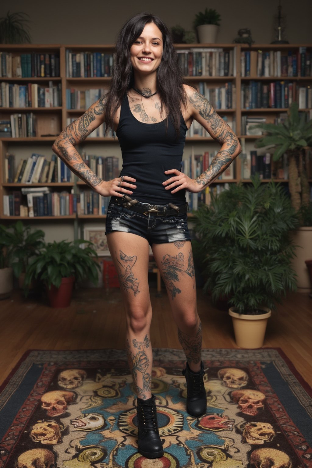 A low quality smartphone photo of a 30yo metalhead with very long hair.
She has a cute round face with freckles and smiles.
She is wearing a tight fitting sleeveless top made from smooth stretch fabric .
She is also wearing black cutoff denim shorts with a bullet belt and black leather ankle boots.
Her arms and legs are adorned with many colored tattoos of dragons and skulls.
She stands in an apartment with book shelves and plants on a rug showing several colorful skulls. 