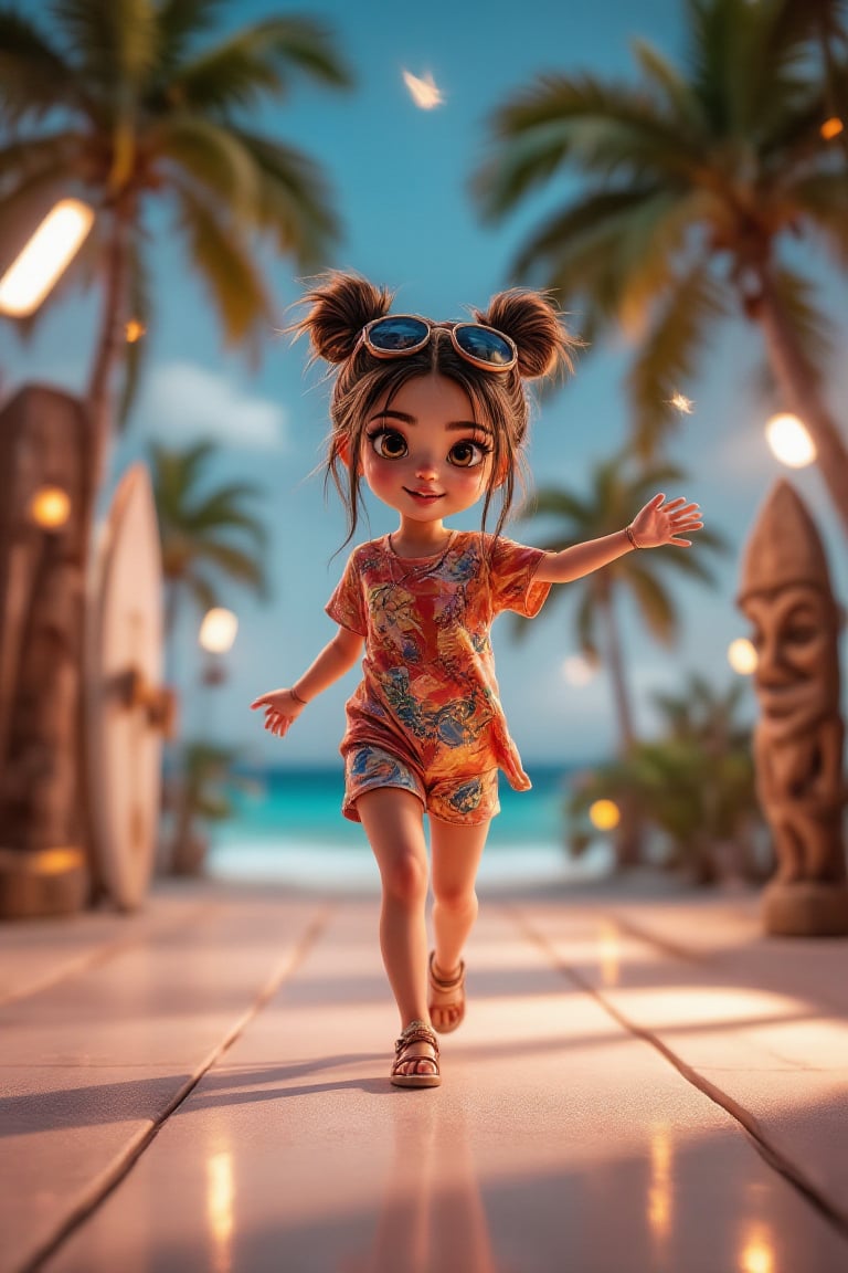 A 3D chibi model with bright tropical attire striking a dynamic pose through a colorful Hawaiian-themed studio set at midday. The scene is captured from a medium close-up angle, highlighting the chibi's cheerful expression and playful stance. Vibrant lighting creates a prismatic effect on the chibi’s smooth surfaces, with kaleidoscope patterns emphasizing the depth of the backdrop. The background features palm trees, surfboards, and tiki statues, all blurred to accentuate the chibi’s upbeat movement. The sky-blue backdrop with floating sparkles enhances the overall joyful, tropical atmosphere.
(1.6-1) d S = δ Q rev T::[1.2] chibi_model::[0.8] tropical_attire --s [prismatic_kaleidoscope],3DChibiElegance,PrismKaleidoscope,Magicallights,divinelights