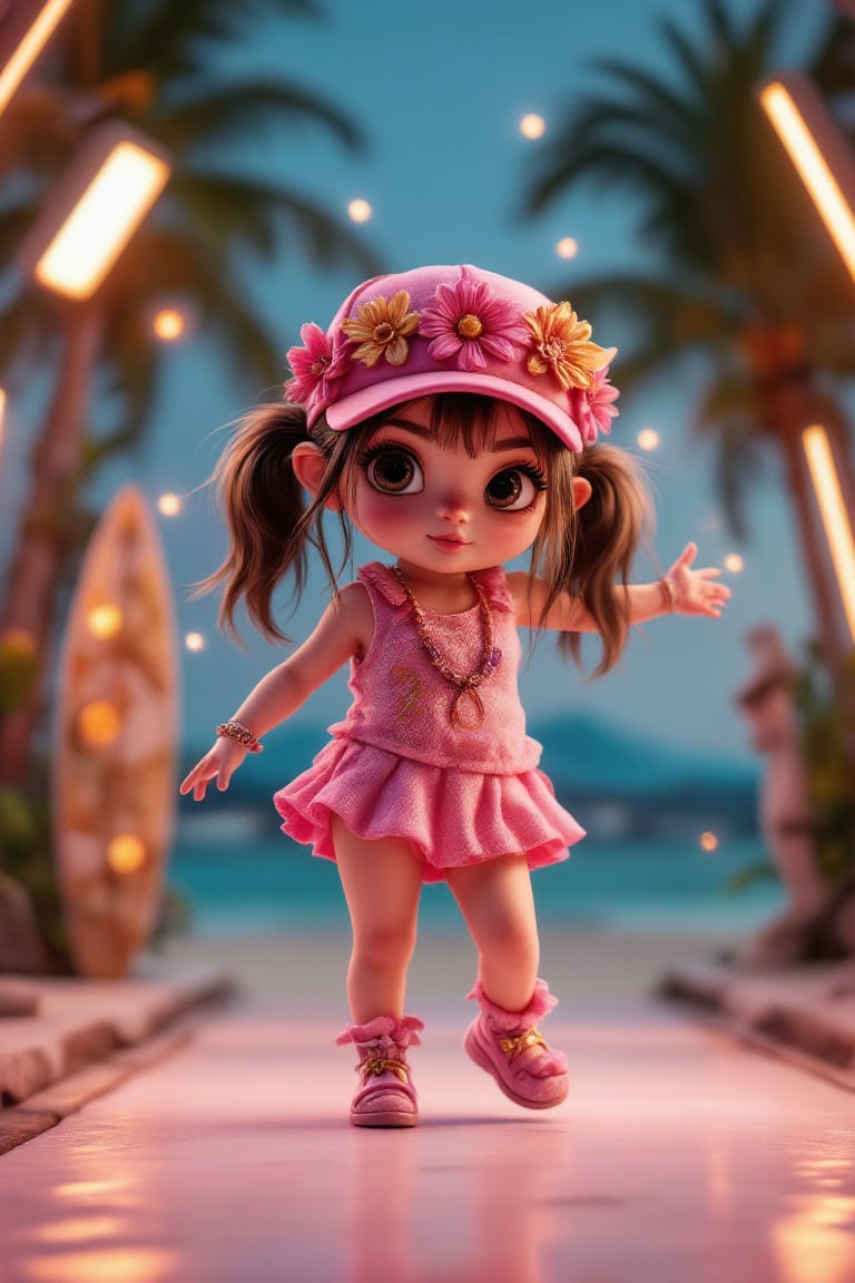 A 3D chibi model with bright tropical attire striking a dynamic pose through a colorful Hawaiian-themed studio set at midday. The scene is captured from a medium close-up angle, highlighting the chibi's cheerful expression and playful stance. Vibrant lighting creates a prismatic effect on the chibi’s smooth surfaces, with kaleidoscope patterns emphasizing the depth of the backdrop. The background features palm trees, surfboards, and tiki statues, all blurred to accentuate the chibi’s upbeat movement. The sky-blue backdrop with floating sparkles enhances the overall joyful, tropical atmosphere.
(1.6-1) d S = δ Q rev T::[1.2] chibi_model::[0.8] tropical_attire --s [prismatic_kaleidoscope],3DChibiElegance,PrismKaleidoscope,Magicallights,divinelights