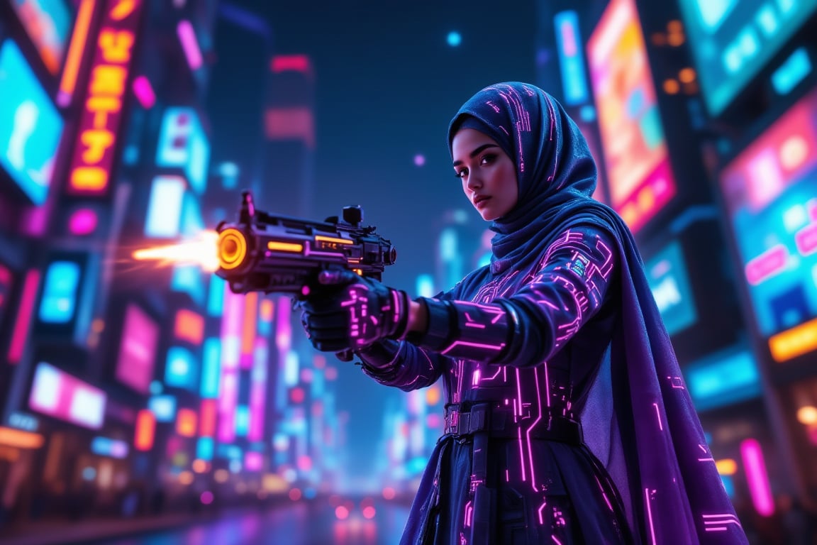 A hijabi cyberpunk with glowing circuit patterns fires a sophisticated gun through a neon-lit alley at midnight. The scene is captured from a low-angle shot, highlighting the intricate designs on her attire. Prism kaleidoscope light effects create a spectrum of colors on the fabric's surface, with reflections emphasizing the futuristic elements. The background features towering holographic billboards, all blurred to accentuate her swift movement. The starry night sky enhances the overall futuristic atmosphere.

(1.6-1) dS = δQ_rev/T::1.2 Hijabi Cyberpunk::0.8 Neon City --s Ultra-realistic,CyberpunkHijab,1 girl,PrismKaleidoscope