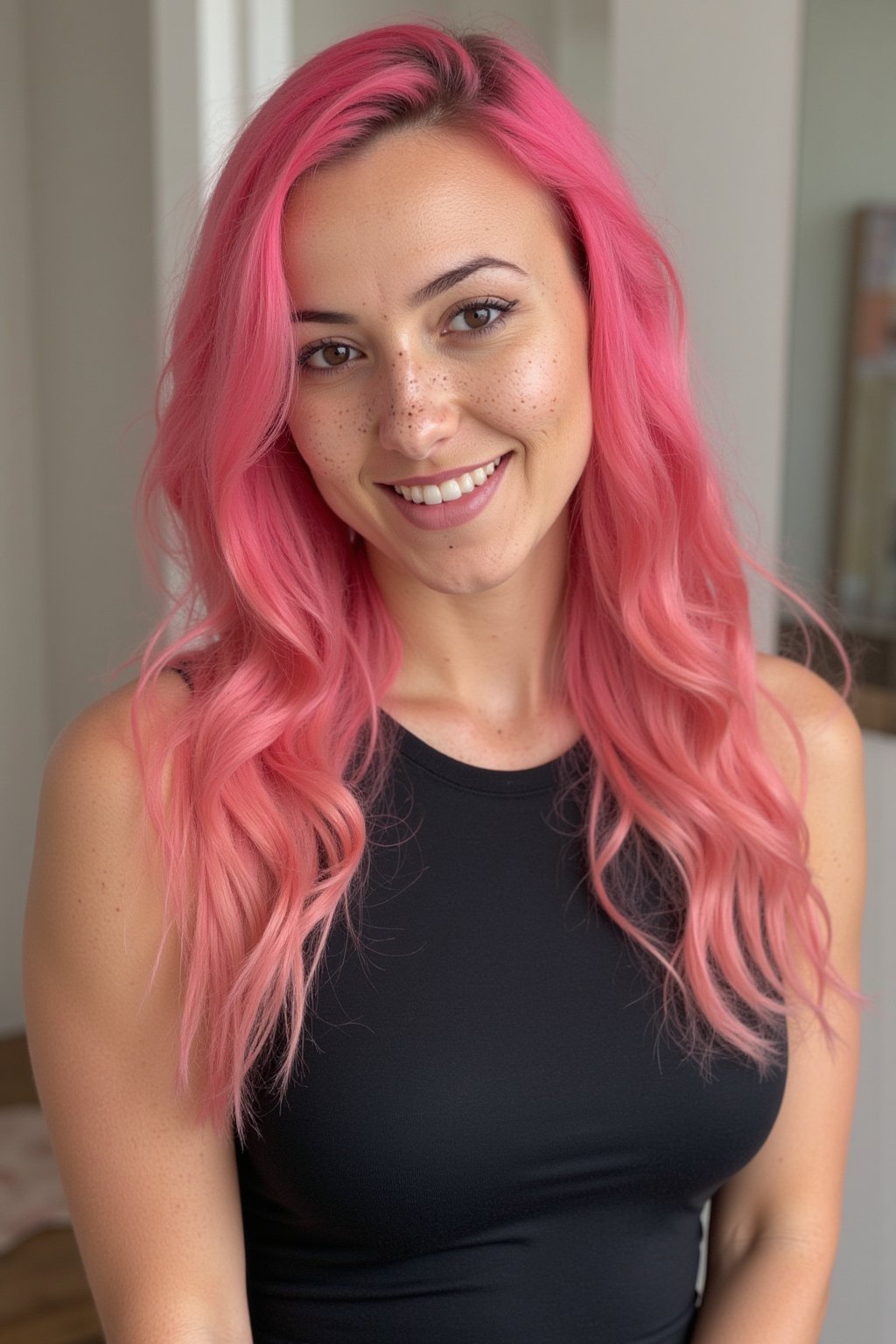 A close-up photo of Jana, a 30yo woman from Germany with very long pink hair.
She has a cute round face with freckles and smiles.
She wears a tight fitted sleeveless top made from smooth stretch fabric.,realskin