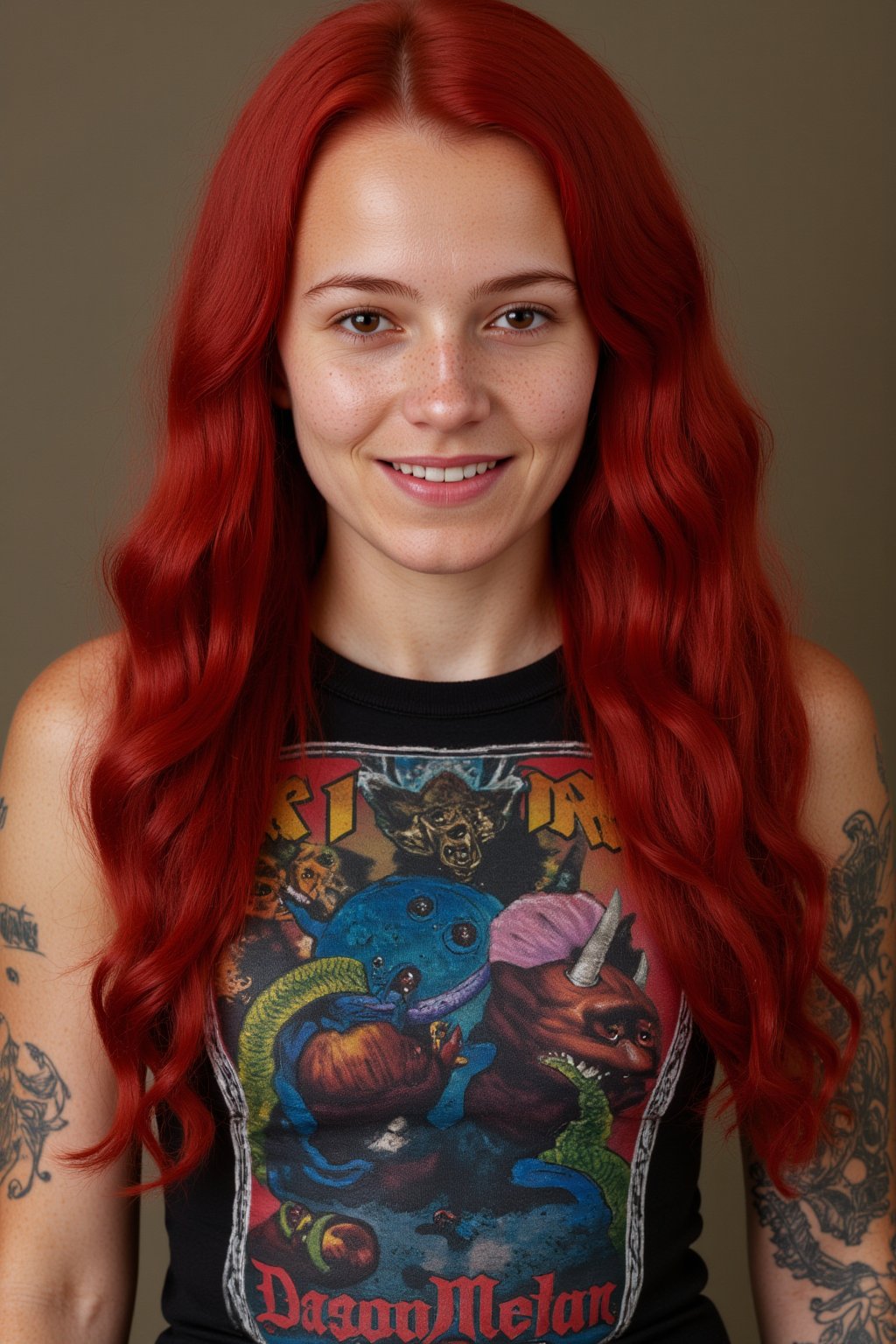 A close-up photo of Jana, a 30yo Nordic woman from Germany with very long intense vibrant colored crimson red hair.
She has a cute round face with freckles and smiles.
She wears a tight fitted sleeveless top showing a colorful heavy metal Album cover art made from smooth stretch fabric.,realskin
On her right arm and shoulder a large colorful dragon is tattooed. 