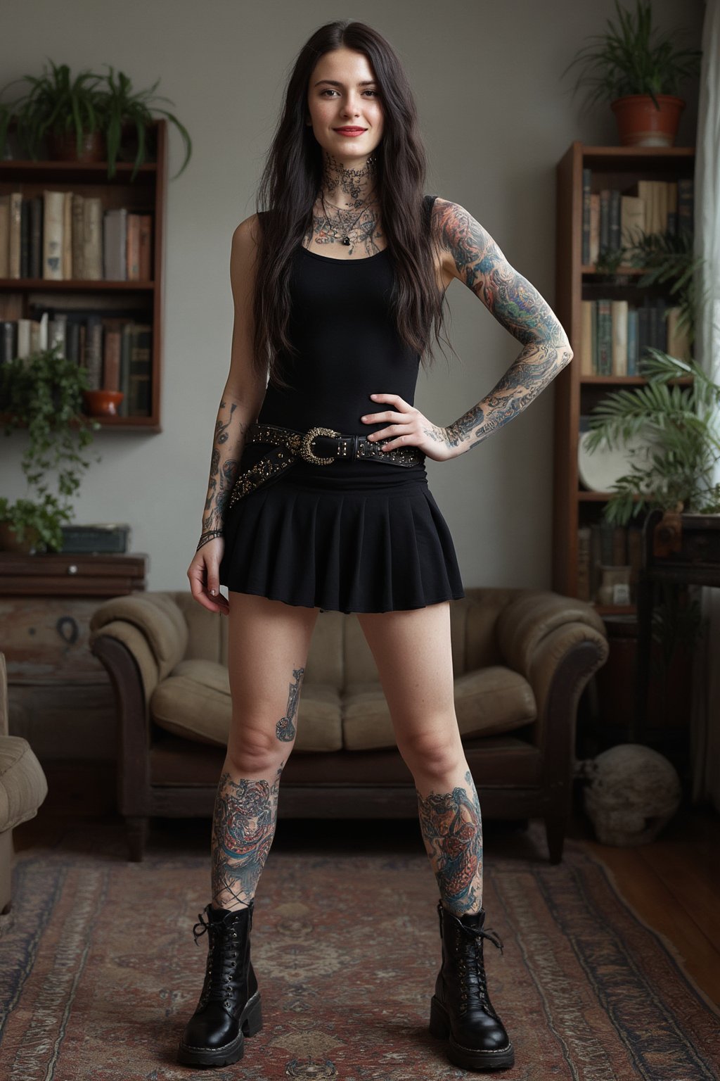 A full-body photo of a 30yo Nordic goth with very long hair.
She has a cute round face with freckles and smiles.
She is wearing a tight fitting sleeveless top made from smooth stretch fabric.
She is also wearing a short pleated skirt with a studded  belt and black leather ankle boots.
Her arms and legs are adorned with many colored tattoos of dragons and skulls.
She stands with a dynamic pose in an apartment with book shelves and plants on a rug. 