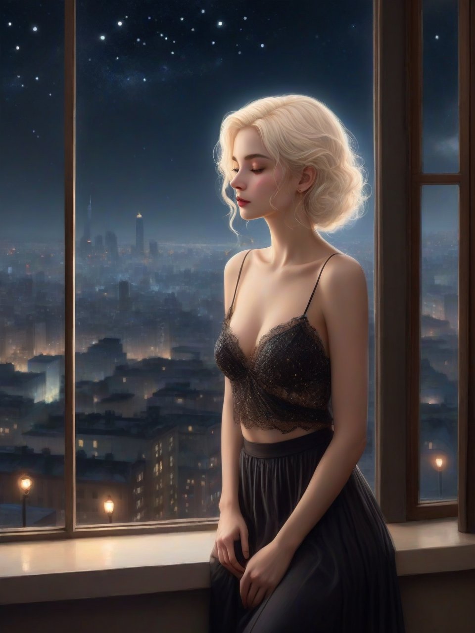 The image features a woman with platinum blonde, wavy hair standing by a large window, gazing out at a bustling cityscape below. The nighttime scene outside is alive with glowing streetlights, busy traffic, and the twinkling lights of distant buildings, creating a captivating contrast between the vibrant urban environment and the calm interior space where the woman stands.

She is dressed in a delicate, lacey top with thin straps, which gracefully drapes off her shoulders, adding a touch of elegance and softness to the scene. The top is paired with a long, flowing skirt decorated with black stars, evoking a celestial, dreamlike quality. Her reflection in the glass is almost as vivid as her real presence, creating a layered, surreal effect that adds depth and introspection to the image.

The woman’s pose is relaxed yet thoughtful, with her hands lightly resting on the windowsill as she leans forward slightly, lost in contemplation. The dim lighting inside the room is warm, casting soft shadows across her figure and enhancing the cozy, intimate atmosphere.

The reflection of the night sky is faintly visible in the window, mingling with the city lights, and adding to the overall mood of quiet reflection. The scene evokes a sense of solitude, wonder, and connection between the woman and the vast world outside. The mood is introspective and dreamy, as though she is lost in thought, contemplating the boundless energy of the city while standing in a peaceful, personal space. The contrast between the interior calm and the exterior vibrance makes the image feel both serene and alive.

