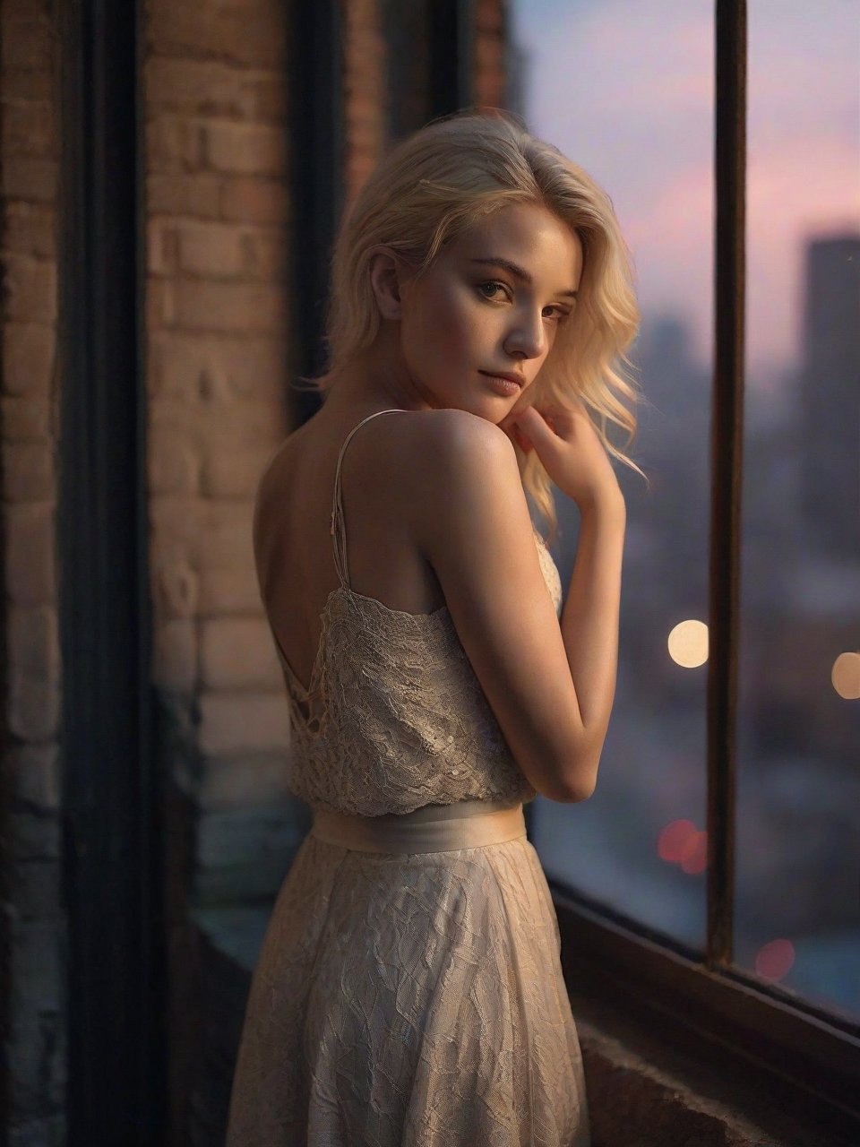 The image features a woman with platinum blonde, wavy hair standing by a large window, gazing out at a bustling cityscape below. The nighttime scene outside is alive with glowing streetlights, busy traffic, and the twinkling lights of distant buildings, creating a captivating contrast between the vibrant urban environment and the calm interior space where the woman stands.

She is dressed in a delicate, lacey top with thin straps, which gracefully drapes off her shoulders, adding a touch of elegance and softness to the scene. The top is paired with a long, flowing skirt decorated with black stars, evoking a celestial, dreamlike quality. Her reflection in the glass is almost as vivid as her real presence, creating a layered, surreal effect that adds depth and introspection to the image.

The woman’s pose is relaxed yet thoughtful, with her hands lightly resting on the windowsill as she leans forward slightly, lost in contemplation. The dim lighting inside the room is warm, casting soft shadows across her figure and enhancing the cozy, intimate atmosphere.

The reflection of the night sky is faintly visible in the window, mingling with the city lights, and adding to the overall mood of quiet reflection. The scene evokes a sense of solitude, wonder, and connection between the woman and the vast world outside. The mood is introspective and dreamy, as though she is lost in thought, contemplating the boundless energy of the city while standing in a peaceful, personal space. The contrast between the interior calm and the exterior vibrance makes the image feel both serene and alive.

