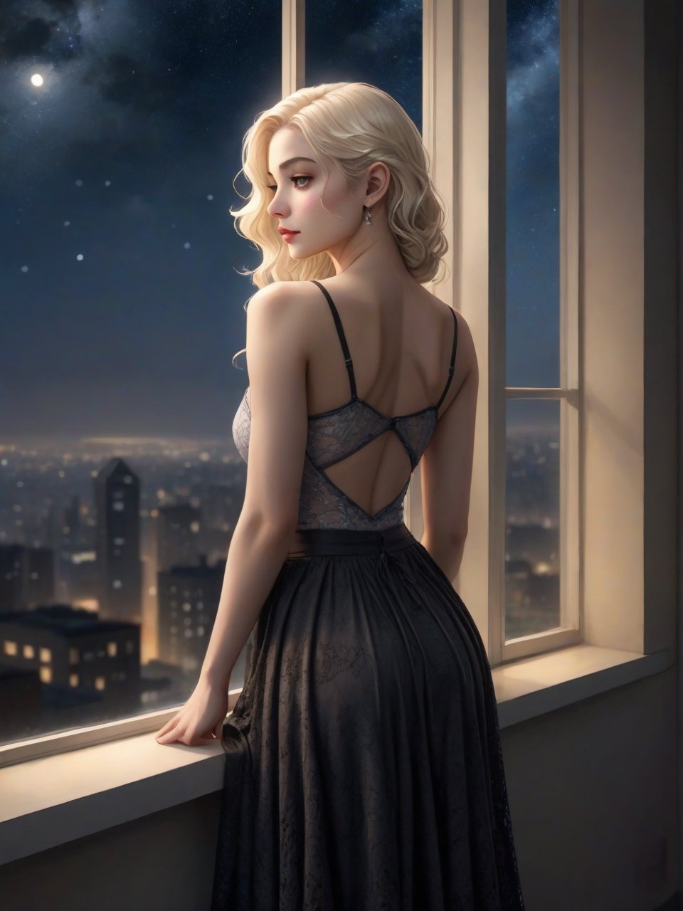 The image features a woman with platinum blonde, wavy hair standing by a large window, gazing out at a bustling cityscape below. The nighttime scene outside is alive with glowing streetlights, busy traffic, and the twinkling lights of distant buildings, creating a captivating contrast between the vibrant urban environment and the calm interior space where the woman stands.

She is dressed in a delicate, lacey top with thin straps, which gracefully drapes off her shoulders, adding a touch of elegance and softness to the scene. The top is paired with a long, flowing skirt decorated with black stars, evoking a celestial, dreamlike quality. Her reflection in the glass is almost as vivid as her real presence, creating a layered, surreal effect that adds depth and introspection to the image.

The woman’s pose is relaxed yet thoughtful, with her hands lightly resting on the windowsill as she leans forward slightly, lost in contemplation. The dim lighting inside the room is warm, casting soft shadows across her figure and enhancing the cozy, intimate atmosphere.

The reflection of the night sky is faintly visible in the window, mingling with the city lights, and adding to the overall mood of quiet reflection. The scene evokes a sense of solitude, wonder, and connection between the woman and the vast world outside. The mood is introspective and dreamy, as though she is lost in thought, contemplating the boundless energy of the city while standing in a peaceful, personal space. The contrast between the interior calm and the exterior vibrance makes the image feel both serene and alive.

