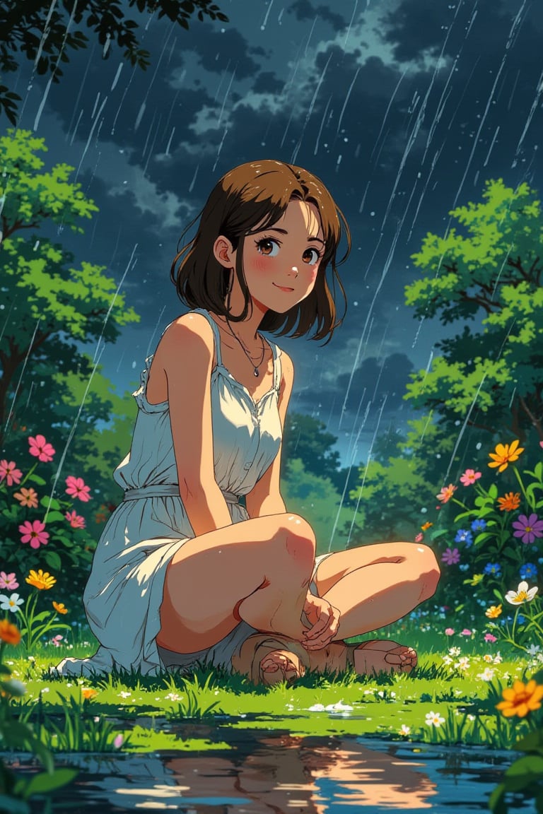 tdxfg40,gvliiv1. Anime art. Studio Ghibli official illustration. EXTREME CONTRAST. DARK SKY. RAIN. RAINY DAY. REFLECTION. A Beautiful young Asian woman, 22yo, stunning, shoulder-length brown hair, detailed face, curvaceous body, slender legs, detailed skin texture, necklace, loose dress, sandals, flower garden, sunlight, vivid colors flowers surrounding, legs aside sitting on grass ground, charming smile face, from front side, full body focus, highly details, high contrast. 