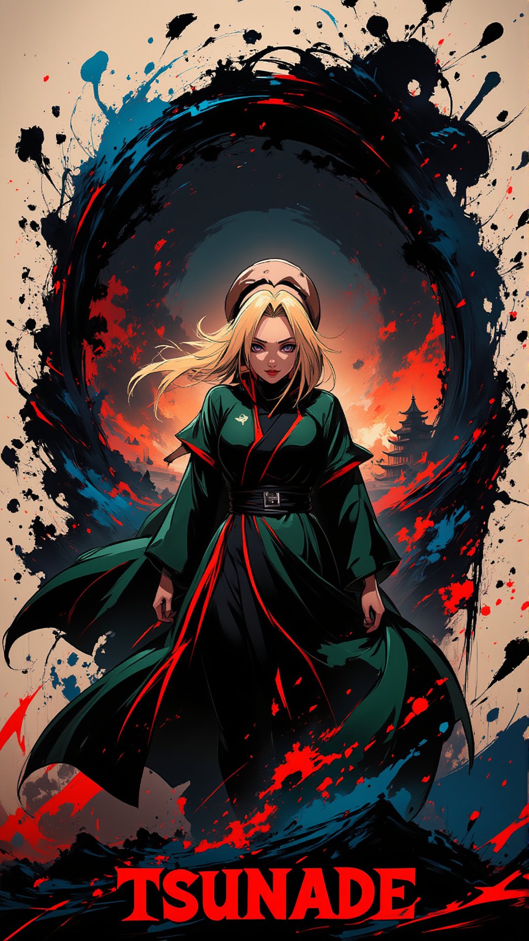 8KUHD. majestic Tsunade emerges from the shadows, draped in her regal Hokage cloak and hat, as a tempestuous storm of swirling black ink erupts around her. The windswept inks swirl across the frame, dynamic energy framing Tsunade's stoic pose, while dark hues emphasize her resolute expression. In the lower third, bold brushstrokes spell out 'TSUNADE' in stark contrast to the surrounding chaos.Tsunade of Naruto,Tsunade Senju,elegant ink splatter,k5n95.