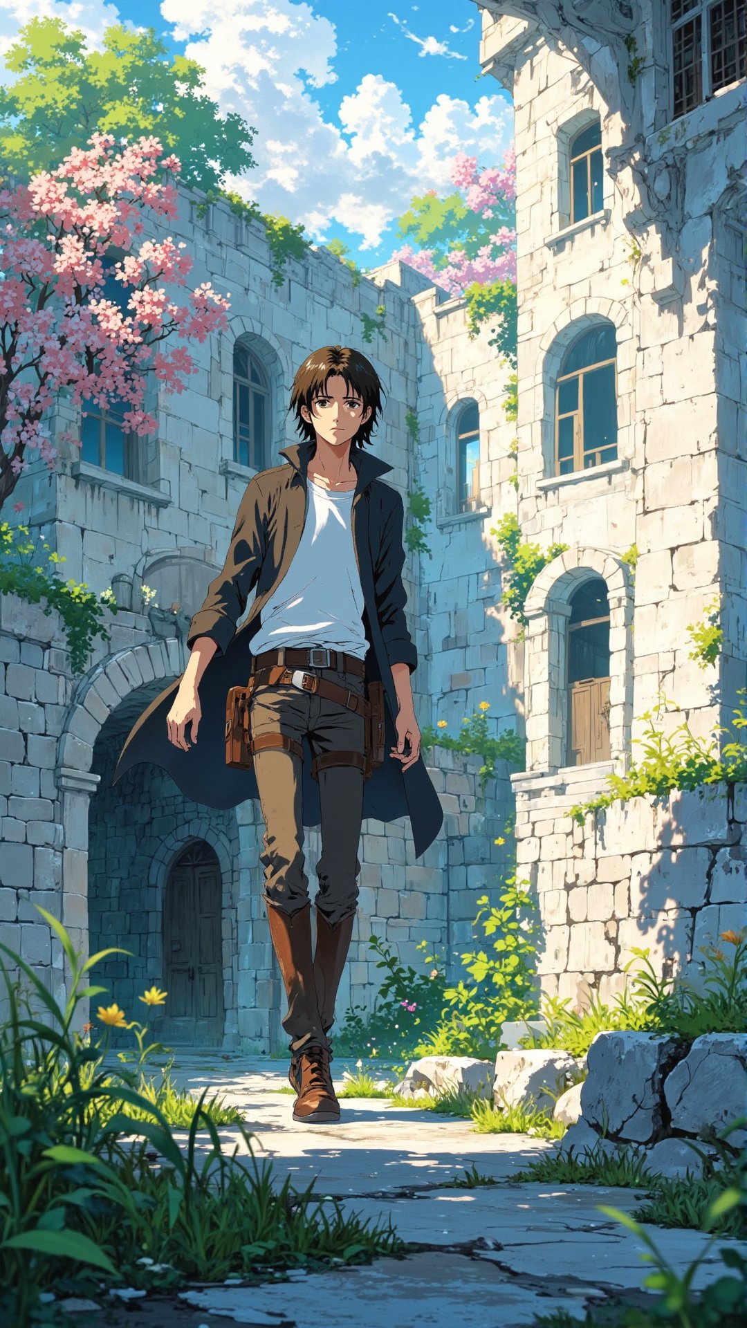 Studio Ghibli official illustration, tdxfg40, gvliiv1. Harsh daylight, Extreme contrast. Subject is closer to the camera. Screenshot of action Scene from Attack on titan. In foreground, Official art of an anime character, Eren Yeager from attack on titan, 25 years old, Tall young man, with long hair wearing a black coat and white t - shirt, in an dynamic action pose. In background, A White coloured ruin of a palace on which Cherry flower and wild grasses are grown.  Studio ghibli key visual.