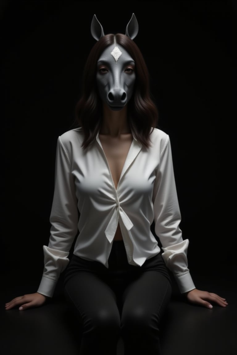 A striking image: a man with head horse mask sits majestically on a sleek black surface, her legs crossed and hands resting delicately on either side of her body. Her porcelain skin is set off by the vibrant red hue of her lips, while the stark contrast between her white shirt and the all-black background creates an air of sophistication and elegance.