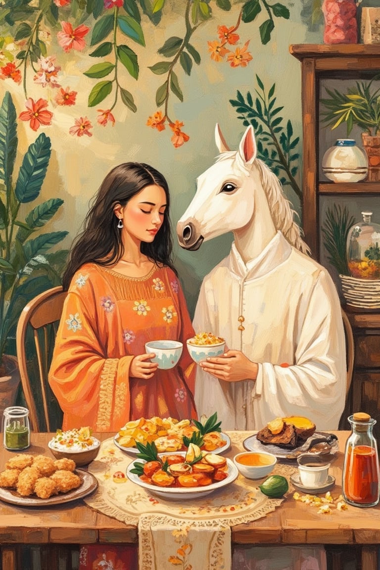 A Tove Jansson-inspired illustration of a Indonesian with horse head mask woman and a loose cloth abaya, sitting with a horse head indonesian man weaing white koko at a breakfast table in the morning. The soft, warm light of dawn highlights their relaxed expressions and the intricate details of their traditional attire. The composition is intimate, with the couple seated close, sharing a meal. The background features a cozy, homey setting, creating a harmonious and serene atmosphere.