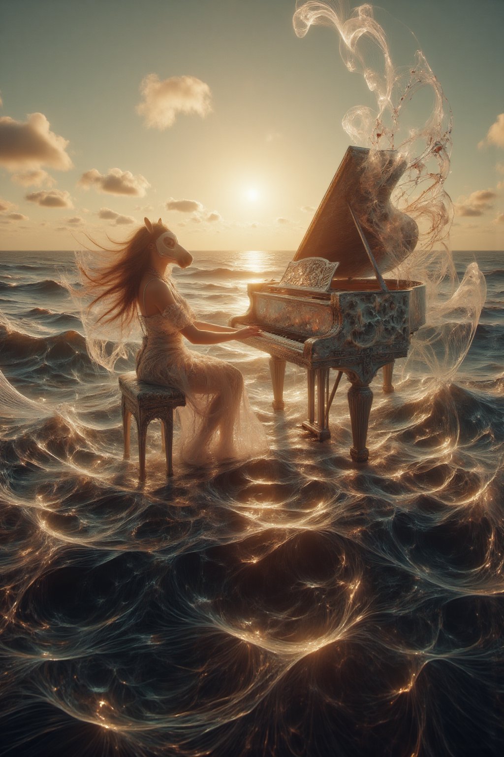 A serene oceanic landscape:  Golden Hour sunset hues casting a warm glow on the glassy water's surface. A vintage white classical piano drifts effortlessly across the calm sea, its polished surface reflecting the fading light. A man with horse head mask sits beside it, her closed eyes and parted lips conveying musical focus as he plays a gentle melody. Her hands move deftly over the black keys, lost in the harmony. Musical notes swirl like ocean waves around her, taking on a dreamy Lofi quality, as if the music has taken visual form.