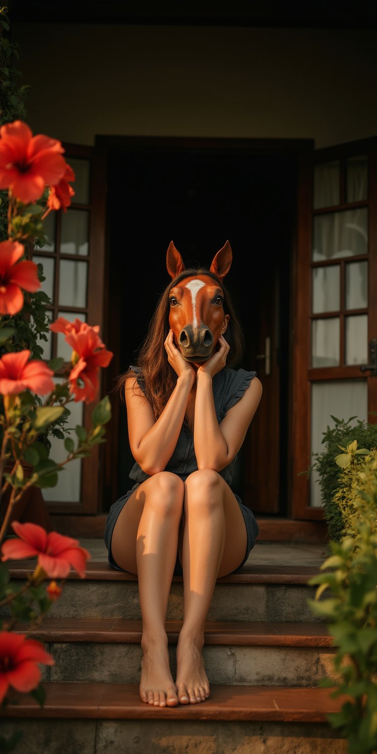 Generate an image of a woman with horse head mask sitting on the front steps of a traditional countryside house, surrounded by lush greenery and blooming hibiscus flowers. She’s wearing a short, casual dress, her legs crossed as she leans back on her hands, enjoying the quiet atmosphere of the late afternoon. A soft breeze blows through her hair, and the golden sunlight highlights the rustic details of the house and the natural beauty around her. The scene should feel warm, welcoming, and filled with the charm of rural life, capturing a moment of peaceful simplicity