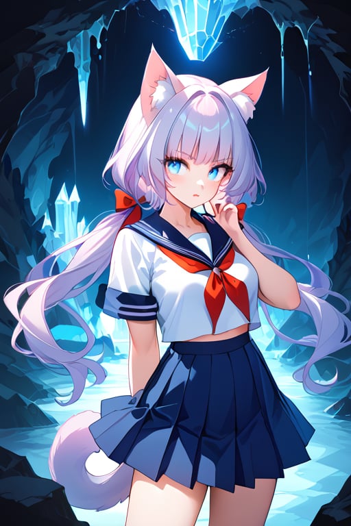 "Generate an older anime-style character with cat-like features in a dangerous cave setting. The character now appears to be in her early twenties, with a more mature and sensual appearance. She has light lavender hair with blue tips, styled in a shoulder-length, wavy cut that adds a soft allure. Her large, expressive light blue eyes show fear but also a captivating intensity. She has white cat ears and a matching cat tail. The character is wearing a more fitted and revealing version of the traditional Japanese sailor uniform, designed to highlight her curvier figure, with a navy-blue collar, a red ribbon, and a white top that accentuates her femininity. The scene is set in a dark, mysterious cave with jagged rocks, dim lighting from torches or glowing crystals, and an ominous atmosphere. The character should appear scared but still exude an air of sensuality, her posture defensive yet subtly confident, standing amidst the shadows. The soft, pastel aesthetic contrasts with the dark and dangerous cave environment, emphasizing her striking presence."