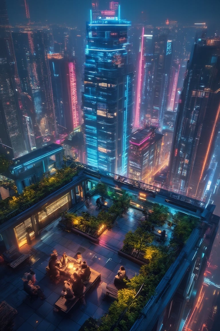 a serene rooftop garden atop a megastructure, where individuals escape the city's chaos. Bioluminescent plants and neon-lit pathways provide a tranquil environment amidst the urban glow. Friends and families share stories, their faces illuminated by the gentle light, highlighting moments of peace and togetherness in a fast-paced cyberpunk era.,Mecha, Magic, Wireframe