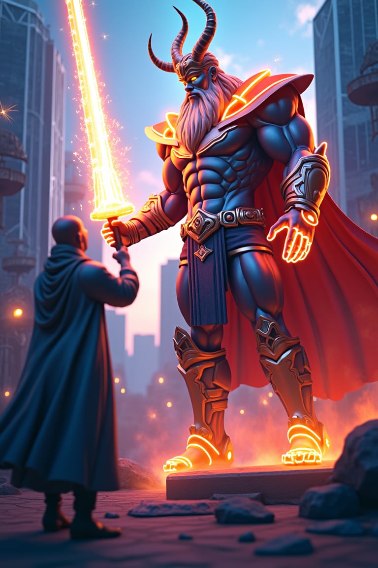 Main subject: A holographic summoner with flowing energy robes, conjuring a massive Odin.
Action: Odin executing a lightning-fast slash through a tech-dominated urban wasteland at dusk.
Scene captured: From a dynamic close-up, highlighting the raw energy pulsing from Odin’s sword.
Lighting: Pulsing neon lights from the cityscape reflect off Odin’s armor, with sparks enhancing the sharpness of the slash.
Background: A ruined futuristic city with towering skyscrapers, all blurred to emphasize the intensity of the motion.
Sky: The dusky sky, streaked with electric blue, enhances the epic, cyber-dystopian atmosphere.

(1.6-1) d S = δ Q rev T::[0.8] Odin::[0.2] Summoner --s dark_futuristic_dystopian

magic, wireframe, volcanicsword