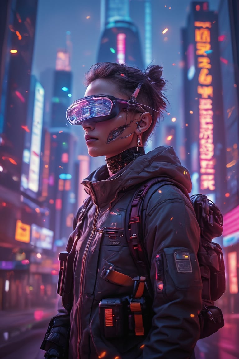 Create a hyper-realistic portrait of a lone urban explorer standing against a backdrop of towering skyscrapers adorned with vibrant neon signs and holographic displays. The subject's face is partially illuminated by the glow of a floating digital advertisement, revealing intricate cybernetic implants subtly integrated into their skin. Their eyes reflect the kaleidoscope of colors around them, capturing a sense of wonder and resilience in a high-tech world.,Mecha, Magic, Wireframe