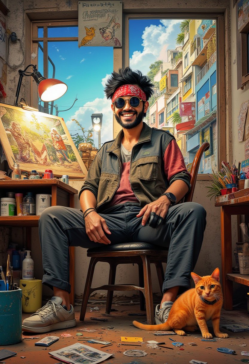 malay artist sitting on a chair with a wide grin, wearing a red bandana,baddas rounded sunglasses But looking thru the lens you can see future landscape, and casual clothes, on handcrossed arms another hand holding paintbrushes, legs spread, seated in front of a drafting table with a comic strip in progress, painting palette on the side, a desk lamp above, various art supplies on a wooden side drawer, a orange cat with a mischievous grin sitting on the floor, studio panting background with light shadows, vibrant colors, clean lines, comic book style.