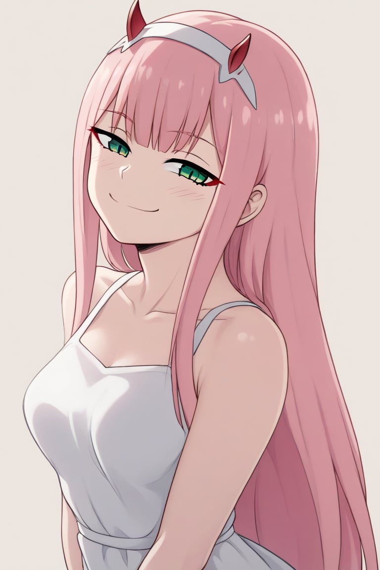 zero two (darling in the franxx), 1girl, solo, long hair, pink hair, red horns, bangs, green_eyes, blush, smile, sundress, simple background, vibrant color saturation, precise image, face, portrait, expressive eyes, perfect anatomy, score_9, score_8_up, score_7_up, score_6_up, score_5_up, score_4_up, smug